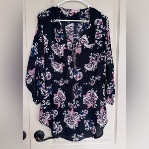 Stella Tweed Black Floral Zip-Front Tunic with Pink Accents